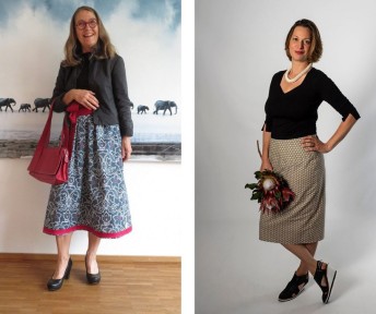 Sabine Schmitt lächelnd, trägt einen Rock mit Mustern, eine rote Tasche und einen grauen Blazer. Auf der rechten Seite eine Frau in einem gepunkteten Rock mit einem Blumenstrauß in der Hand. 