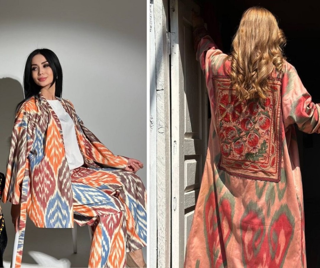 Links: Model sitzt in einem bunten Zweiteiler, rechts: Model steht mit dem Rücken zur Kamera und trägt einen bunten gemusterten Kimono.