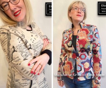 Eliza Piazzese trägt eine mit Instrumenten und Noten bedruckte Jacke aus ihrer Kollektion. Rechts: Eliza Piazzese trägt einen bunt gemusterten Blazer aus ihrer Kollektion.