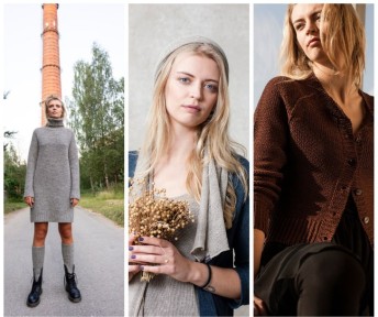 Ein Model ist in drei unterschiedlichen Strickwaren dargestellt